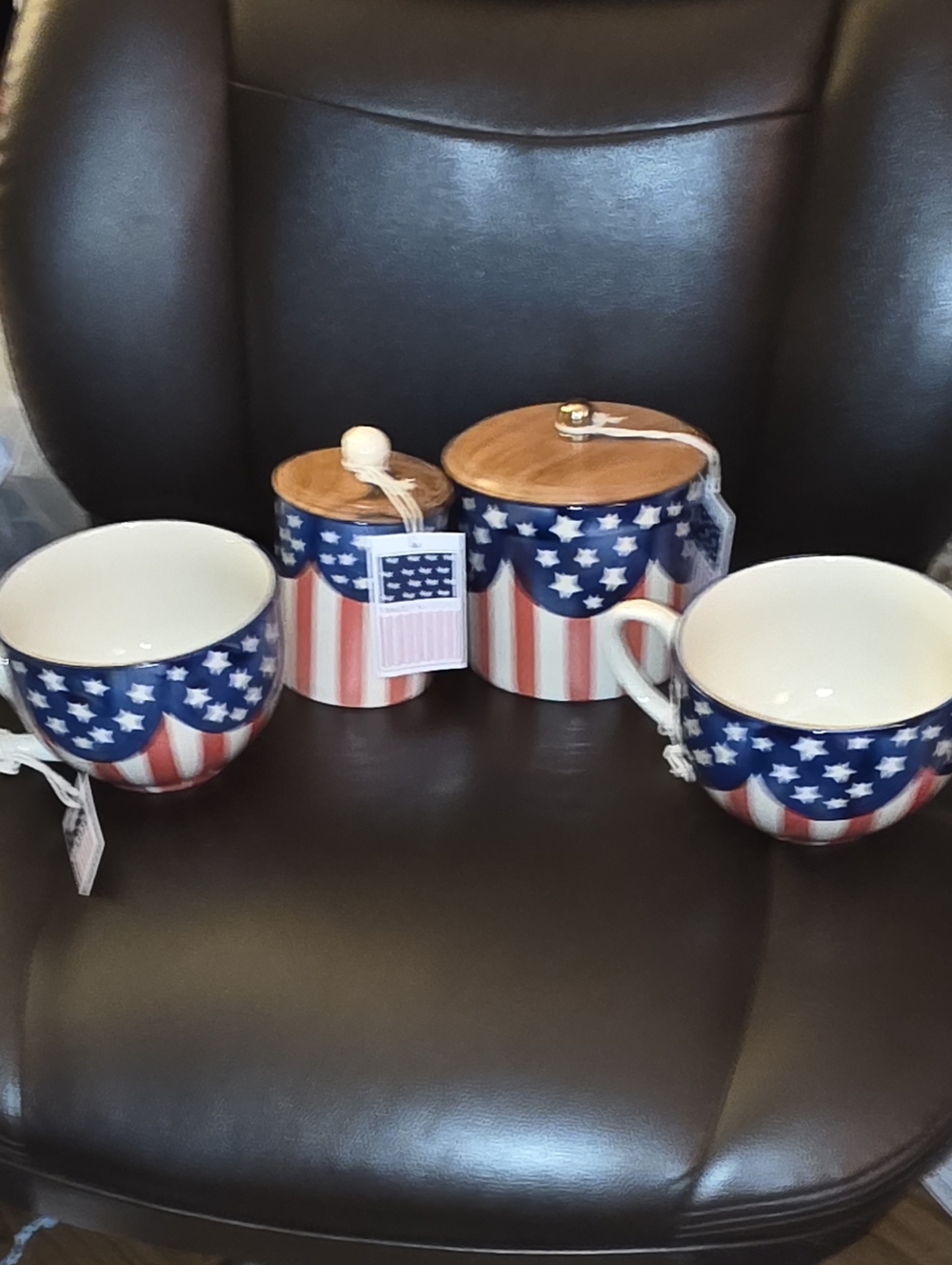 Patriotic Star & Stripe Ceramic Mug Set with Canisters - Blue/Red/White